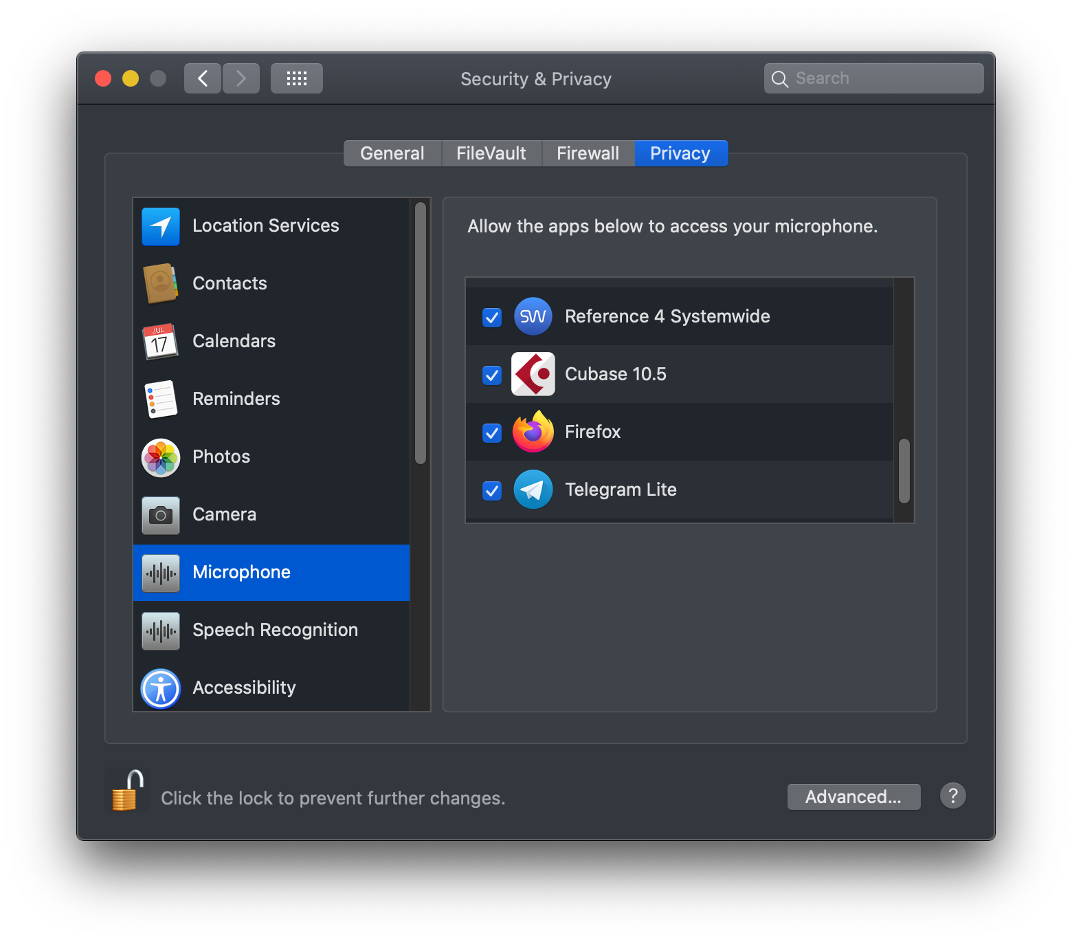 MacOS Privacy Setings page
